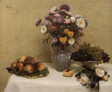  Chrysanthemums Painting - White Roses Chrysanthemums in a Vase Peaches and Grapes on a Table with a Whi flower painter Henri Fantin Latour Impressionism Flowers